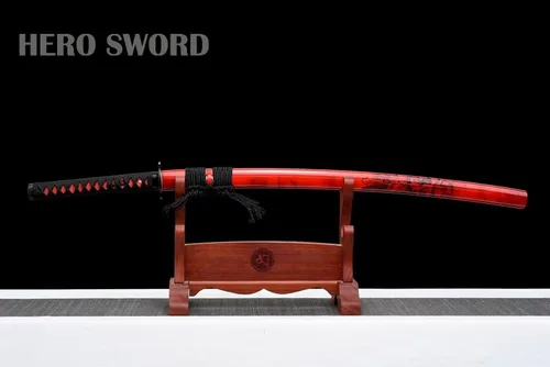 Vista 2 de Espada samurái hecha a mano, espada katana de espiga completa, acero de Damasco forjado a mano, arma japonesa real afilada de 41 pulgadas, rojo