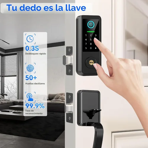 Vista 4 de Cerradura inteligente para puerta de entrada sin llave con asa, cerrojo Bluetooth para puerta delantera con huella digital, control de aplicación