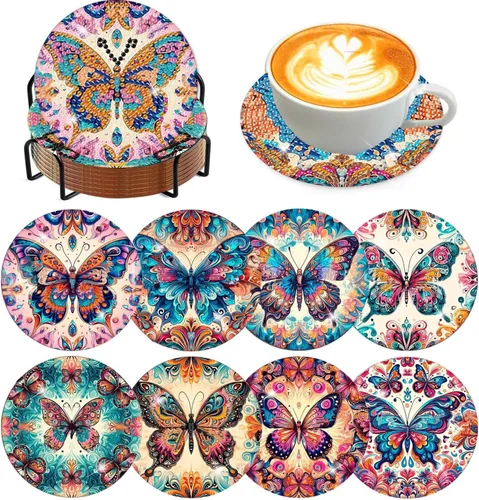 Vista 24 de Meothan Juego de 8 posavasos de arte de diamante para adultos con soporte, almohadillas de corcho, posavasos de arte de puntos de diamante de vidrio