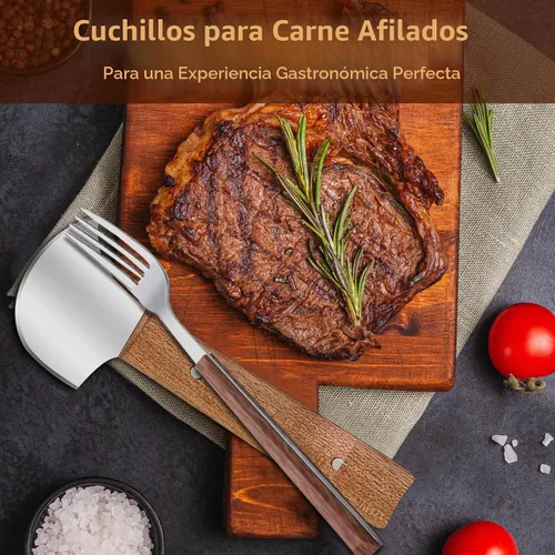 Vista 5 de Cuchillo basculante, cuchillo de carne para cortar carne, juego de hoja curvada y tenedor de acero inoxidable, asas de madera para amantes