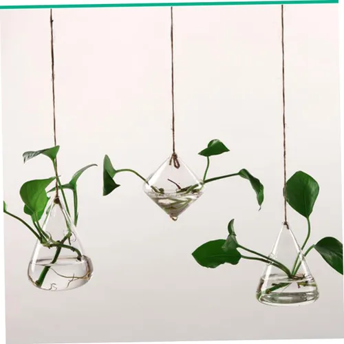 Vista 9 de UKCOCO 2 macetas geométricas colgantes de vidrio, recipientes de terrario hidropónicos triangulares para decoración de jardín