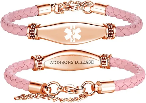 Vista 14 de LinnaLove Rose gold Medical Alert Bracelet for Women, Elegant Braided Pink Leather ID Jewelry, Adjustable Extension Fits 6.5"-8" Wrists