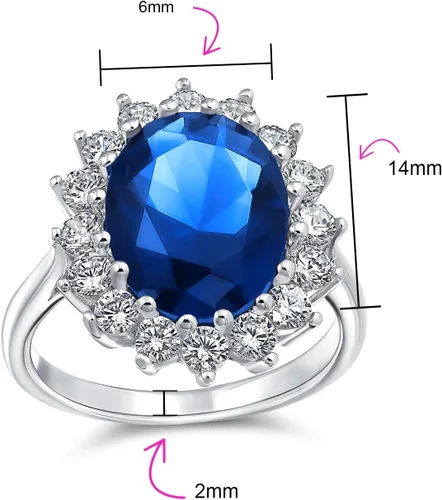 Vista 33 de Anillo de compromiso de plata de ley 925 personalizable con halo de corona ovalada de 5 a 7 quilates con circonita cúbica simulada de zafiro azul