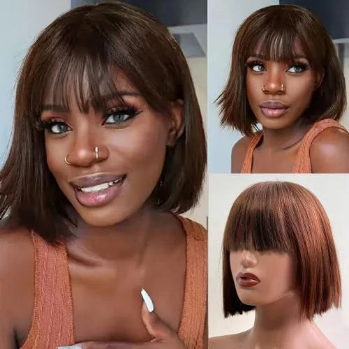 Vista 11 de Rebasar Peluca corta Bob con flequillo pelucas de cabello humano de 8 Negro