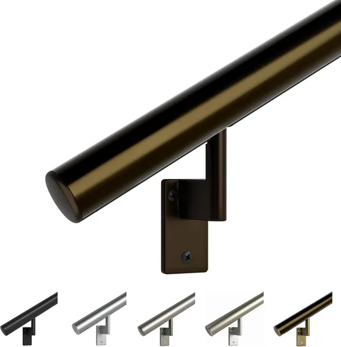 Vista 13 de 5 pies Pasamanos - Kit completo. Aluminio anodizado de bronce arquitectónico con 3 soportes de pared de latón antiguo y tapas de extremo, redondo