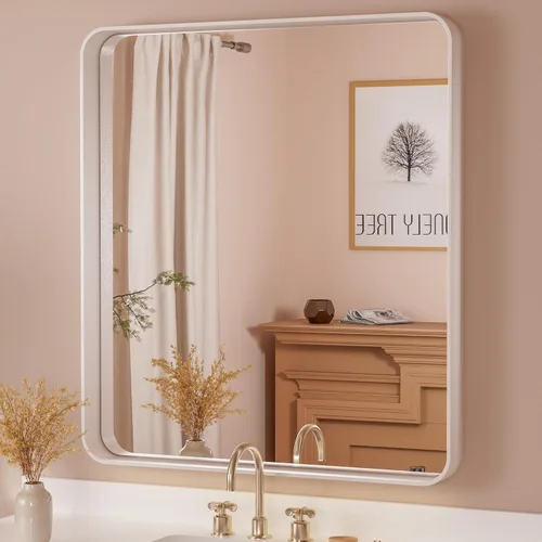 Vista 105 de Espejo de marco dorado cepillado de 16 x 24 pulgadas, espejo de tocador de baño de latón dorado para pared, espejo enmarcado rectangular de esquina