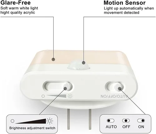 Vista 2 de Luz nocturna LED enchufable, luz nocturna con sensor de movimiento con brillo ajustable, 3 modos de iluminación automático/apagado para niños
