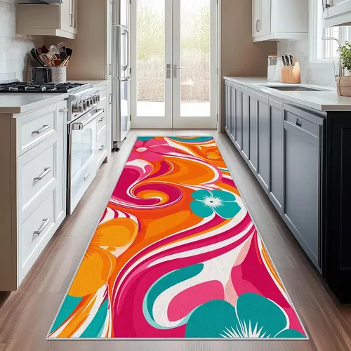 Vista 9 de Alfombra de pasillo de 2 x 4 pulgadas, tamaño pequeño, diseño floral retro de los años 70, antideslizante, lavable, alfombra de decoración del hogar