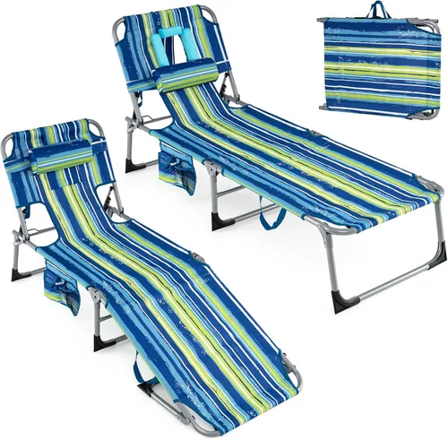Vista 22 de Goplus Silla bronceadora, silla plegable ajustable para patio con orificio para la cara, almohada extraíble, 330 libras, correa de transporte, silla