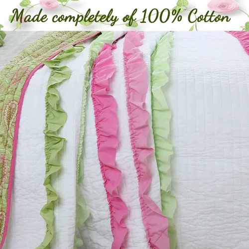 Vista 4 de Cozy Line Home Fashions Juego de ropa de cama reversible de 100 % algodón con volantes, color rosa y verde (flamenco, individual, 2 piezas)