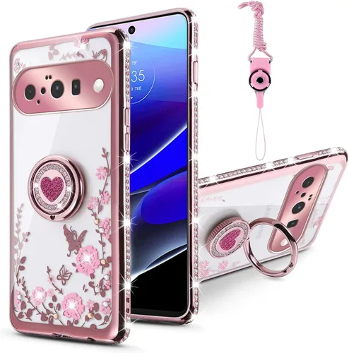 Vista 10 de Funda compatible con Google Pixel 6 Pro para mujer, con purpurina, suave, elegante, transparente, TPU de lujo, bonita funda protectora con correa