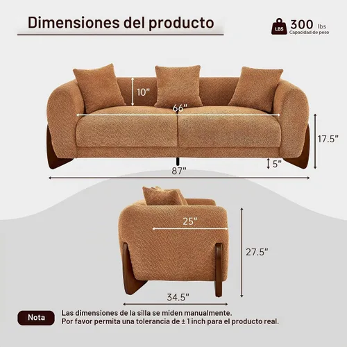 Vista 2 de Morden Fort Sofá Boucle moderno, tapizado, duradero, cómodo, apto para mascotas, sofá profundo con patas de madera y almohada, sofás de 3 plazas