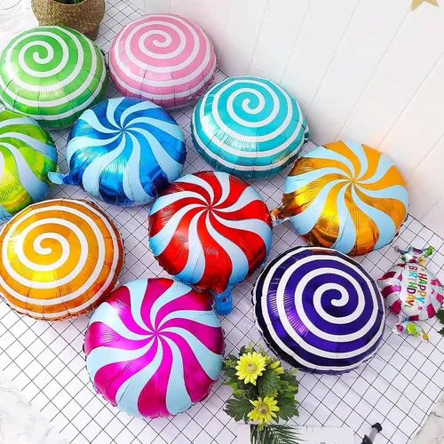 Vista 6 de 24 globos de aluminio de Mylar dulces dulces de 18 pulgadas, globos redondos de piruleta para cumpleaños, bebé, boda, Navidad, fiestas, suministros