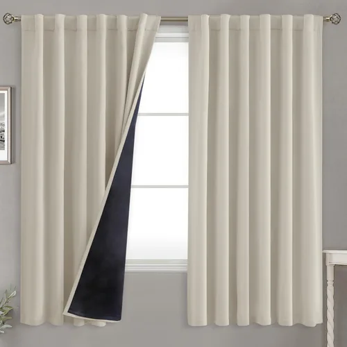 Vista 35 de BGment Cortinas 100% opacas beige de 63 pulgadas de largo con forro aislante térmico, bolsillo para varilla y lengüeta trasera de doble capa
