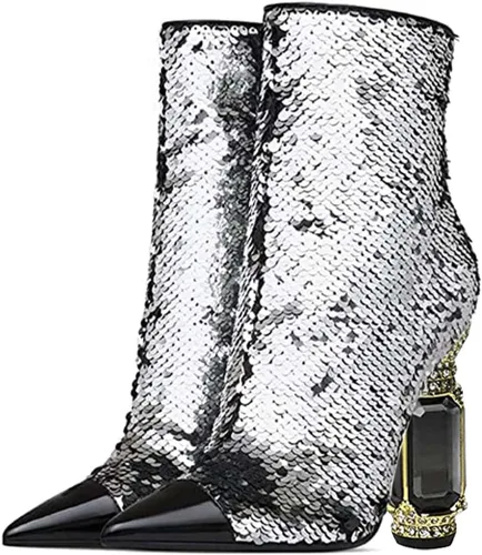 Vista 113 de FSJ Botas de tacón alto con punta puntiaguda para mujer, con tacón alto, con cremallera lateral brillante, estilo casual, para uso diario, zapatos