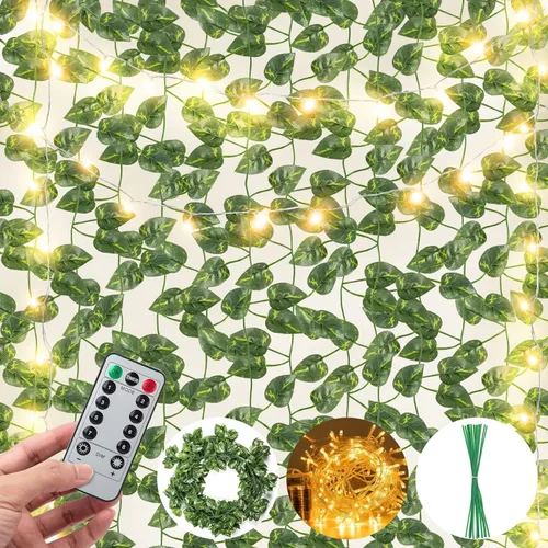 Vista 8 de JACKYLED Paquete de 12 guirnaldas de hiedra artificial de 80 pies, hojas de dinero Pothos con luces de cadena LED de 80 certificadas CE, luces