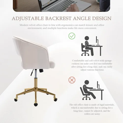 Vista 7 de Eifizek Silla de escritorio de oficina de terciopelo, moderna silla de escritorio para el hogar con ruedas y base dorada, silla giratoria