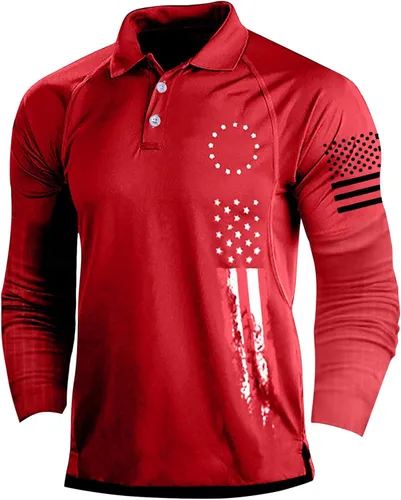 Vista 8 de Camisa polo de manga larga con bandera estadounidense para hombre, cuello gráfico patriótico, camiseta de golf, moderna, casual, cuello en V, tops