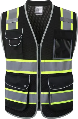 Vista 29 de JKSafety Chaleco de seguridad frontal con cremallera de alta visibilidad Clase 2 de 9 bolsillos con tiras reflectantes, cumple con las normas