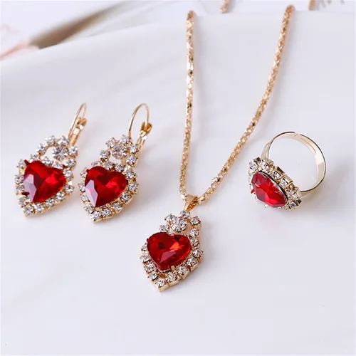 Vista 2 de Conjuntos de joyas para mujer, conjunto de colgante formal, collar de corazón, aretes de corazón para mujer, moda amor para niñas, anillos
