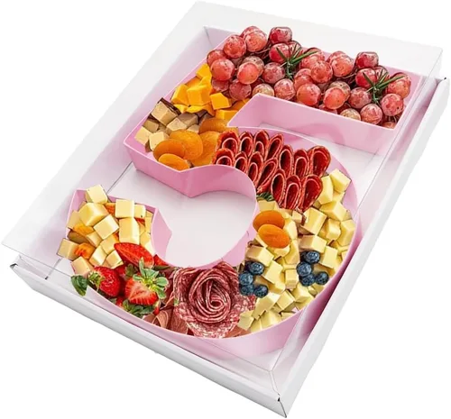 Vista 53 de Bandeja de papel rellenable de 12.5 pulgadas con números y letras de cartón, tablero de charcutería, bandeja para cupcakes dulces, caja decorativa