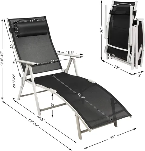 Vista 2 de COSTWAY 2 sillas reclinables plegables para exteriores, ligeras y ajustables de 7 engranajes, con almohada para el cuello, sin montaje, ideal