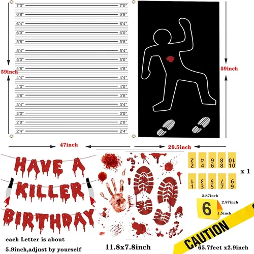 Vista 4 de Kit de decoración de escena del crimen de Halloween, cartel de cumpleaños con texto en inglés "Have a Killer", silueta corporal, cinta de escena