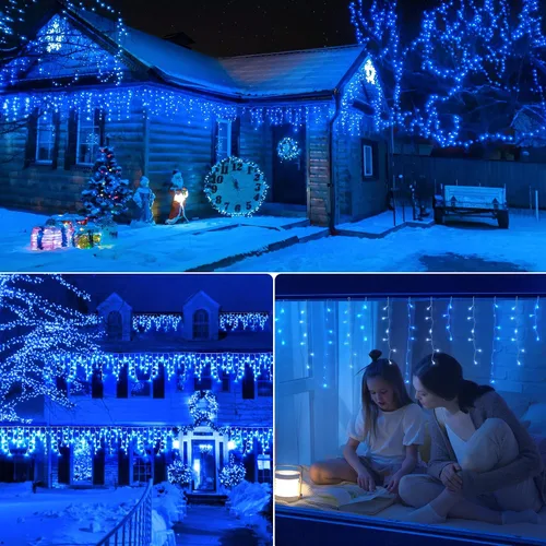 Vista 8 de Luces de carámbano para decoración al aire libre, 300 LED, 33 pies, 8 modos, cortina de luces con 50 gotas, tira de luces LED para interiores