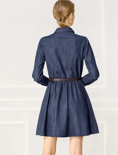 Vista 5 de Allegra K Vestido de mezclilla para mujer, con botones, plisado, acampanado, acampanado