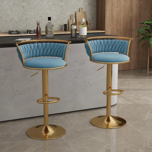 Vista 42 de Juego de 2 taburetes de bar giratorios de 360°, silla de bar de terciopelo ajustable a altura de mostrador moderna, taburete de metal plateado