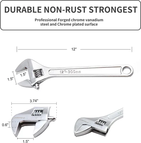 Vista 3 de Llave ajustable de 12 pulgadas Herramienta de mano profesional CR-V Llave de media luna de acero