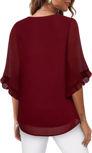Vista 3 de VAFOLY Blusa de manga 34 con volantes para mujer, camisas fluidas de doble capa, elegantes blusas de gasa