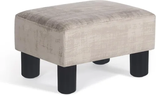 Vista 9 de Adeco Reposapiés otomano tapizado de lino de 15.4 pulgadas, pequeño taburete acolchado y asiento decorativo con patas de aspecto de madera, taburete