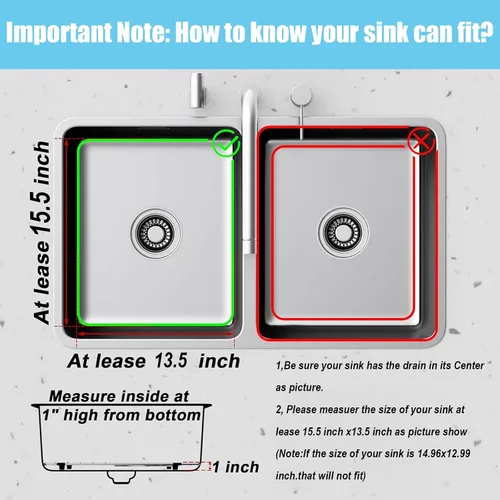 Vista 2 de 2 protectores de fregadero de acero inoxidable 304 de 14.96 x 12.99 pulgadas para fregadero de cocina de 15.5 x 13.5 pulgadas, con drenaje trasero