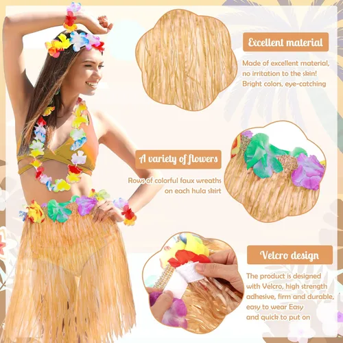 Vista 2 de Paquete de 5 faldas hawaianas de hierba hula para fiesta de Hawaii Luau, falda de baile Hula con accesorio de disfraz de fiesta hawaiana Lei Hawaii