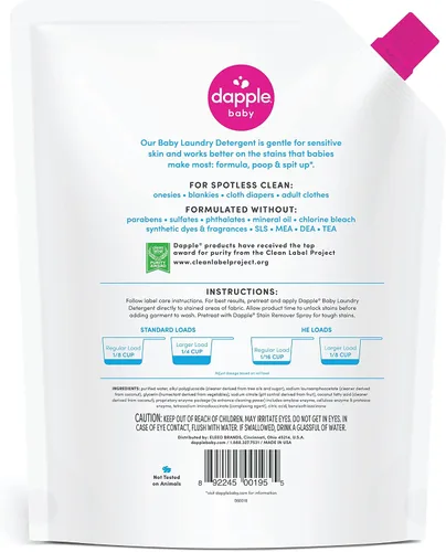 Vista 2 de Dapple Detergente para ropa de bebé, impulsado por plantas, concentrado, hipoalergénico, sin fragancia, paquete ecológico, quitamanchas, 34 fl oz