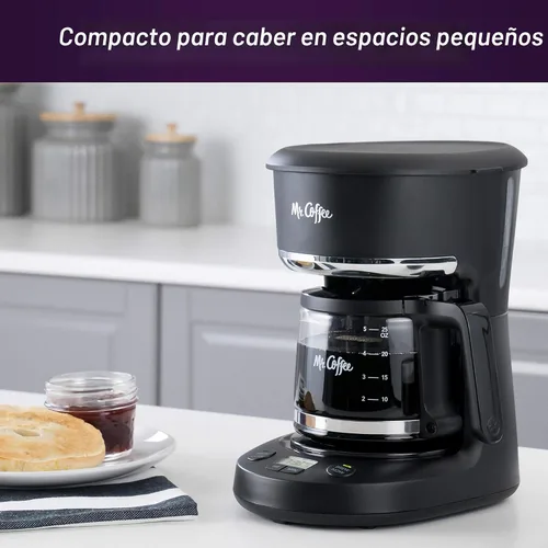 Vista 3 de Mr. Coffee Cafetera Programable de 5 Tazas con Pausa Automática, Jarra de Vidrio, Diseño Compacto, Negro Negro programable