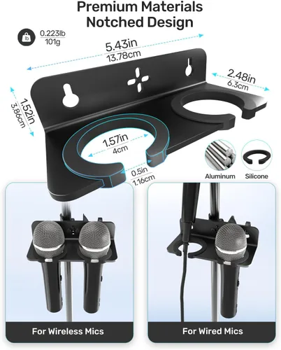 Vista 6 de Soporte para micrófono múltiple con abrazadera (aluminio/goma), soporte para micrófono y borde de escritorio y pared, soporta hasta 2 micrófonos