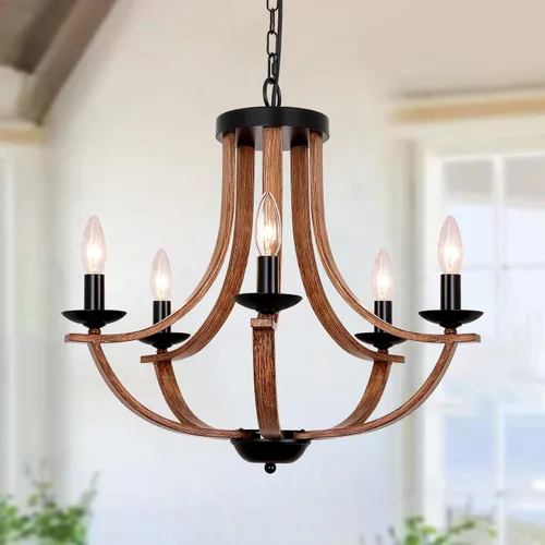 Vista 12 de Lámpara de araña de madera de granja de 19.49 pulgadas, lámpara rústica de comedor de 4 luces, lámpara de araña de altura ajustable, iluminación