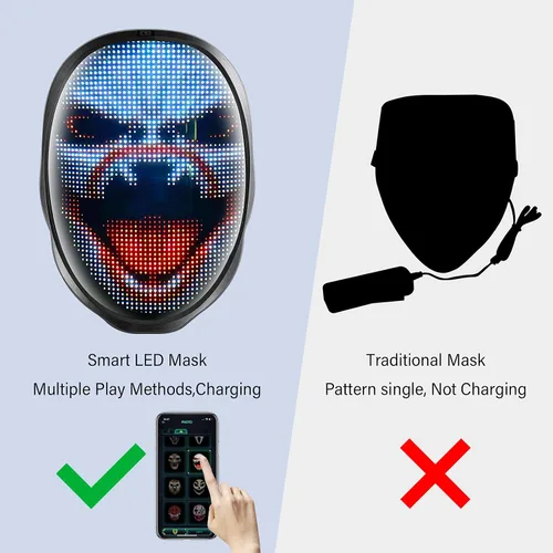 Vista 5 de Máscara de Halloween LED transformadora de cara con Bluetooth programable para disfraces de mascarada cosplay fiesta máscara iluminada