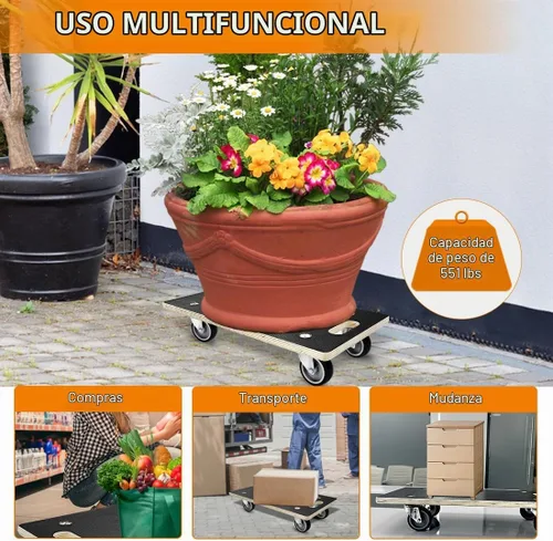 Vista 8 de Carretilla de mudanza resistente de 1100LB con forma de rectángulo - Paquete de 2 con ruedas silenciosas de 3" de TPR, plataforma de madera