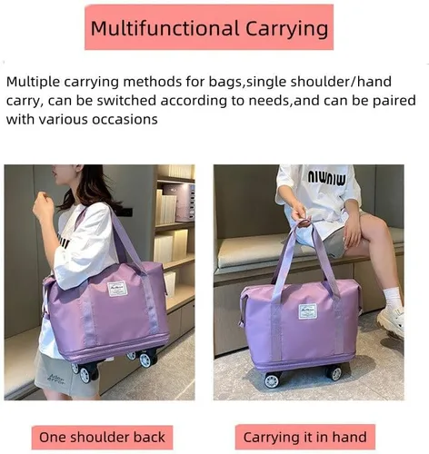 Vista 5 de Bolsa de equipaje plegable de doble capa, expandible, gran capacidad, separación seca y húmeda, bolsa de lona con ruedas, Rosado, Moda
