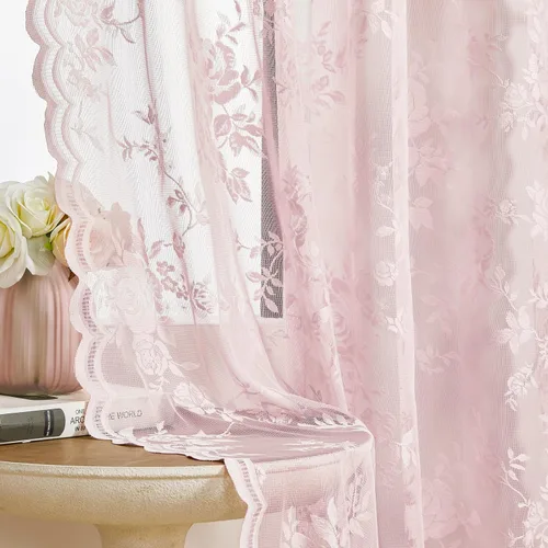 Vista 11 de Cortinas de encaje beige, juego de 2 paneles de cortinas traslúcidas con bolsillo para cortinero, decoración de ventana pequeña, baño, sótano