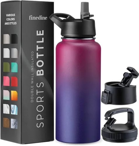 Vista 43 de FineDine Botellas de agua aisladas de triple pared con popote, botella de metal de acero inoxidable de 25 onzas con 3 tapas a prueba de fugas
