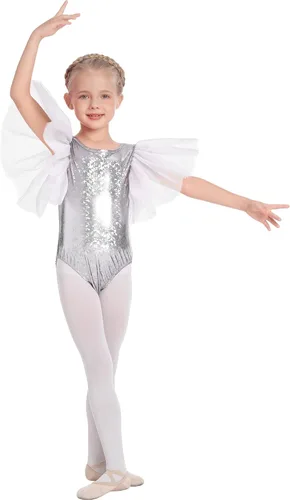 Vista 2 de AFAVOM Leotardos metálicos brillantes de ballet para niñas pequeñas con volantes de tul para gimnasia, disfraz de Halloween y baile