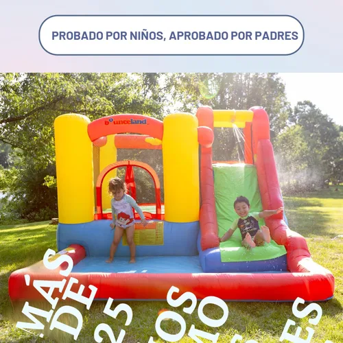 Vista 3 de Bounceland Parque de juegos inflable con salto y aventura de salpicaduras o tobogán acuático todo en uno, piscina grande, área de salto divertida