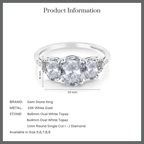Vista 10 de Anillo de compromiso ovalado de oro blanco de 10 quilates con piedra natal y topacio blanco de 3 piedras con detalles de diamante Centro de 0.315