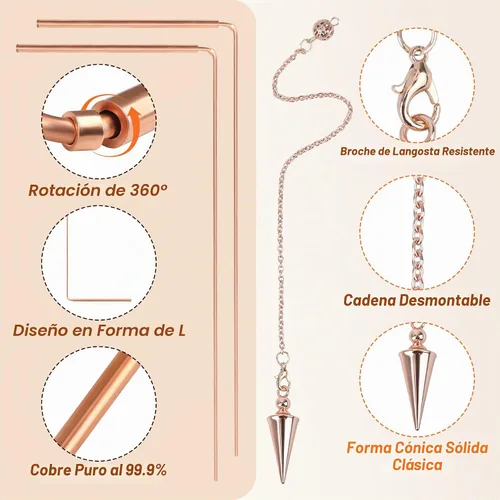 Vista 3 de Kit de varillas de dowsing de cobre 99.9%, herramientas de exploración espiritual de Anglecai. 2 varillas de adivinación + péndulo de dowsing +
