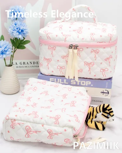 Vista 5 de PAZIMIIK - Bolsa de maquillaje de algodón para mujer, grande, acolchada para viaje, Rosa (Bow Pink), Vintage