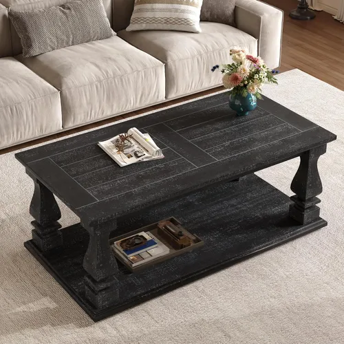 Vista 3 de JIVOIT Mesa de centro de granja con estante de almacenamiento, mesa auxiliar rectangular de 47.24 pulgadas de largo con parte superior de tablones